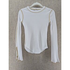 Free People White Textured Thermal Long Sleeve Top Gold Stitching Zippers Size S